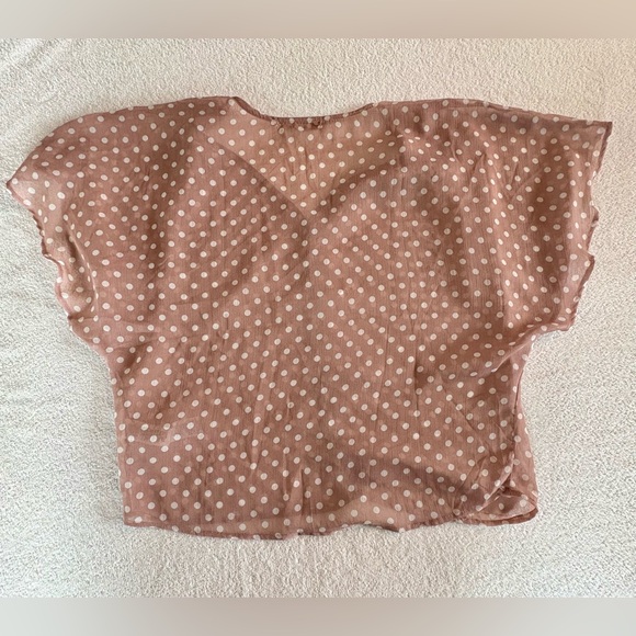 Free Bird Sheer Polka Dot Blouse Buttons Taupe White Office Preppy Top Large Tan - Picture 7 of 9